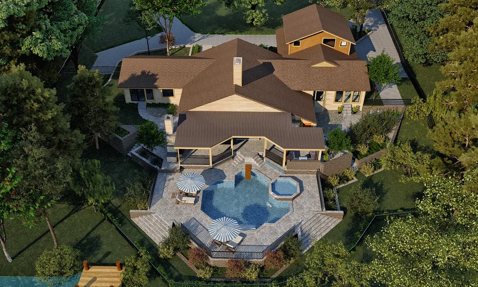 3D design rendering of a backyard with stone patio, pool, and retaining walls