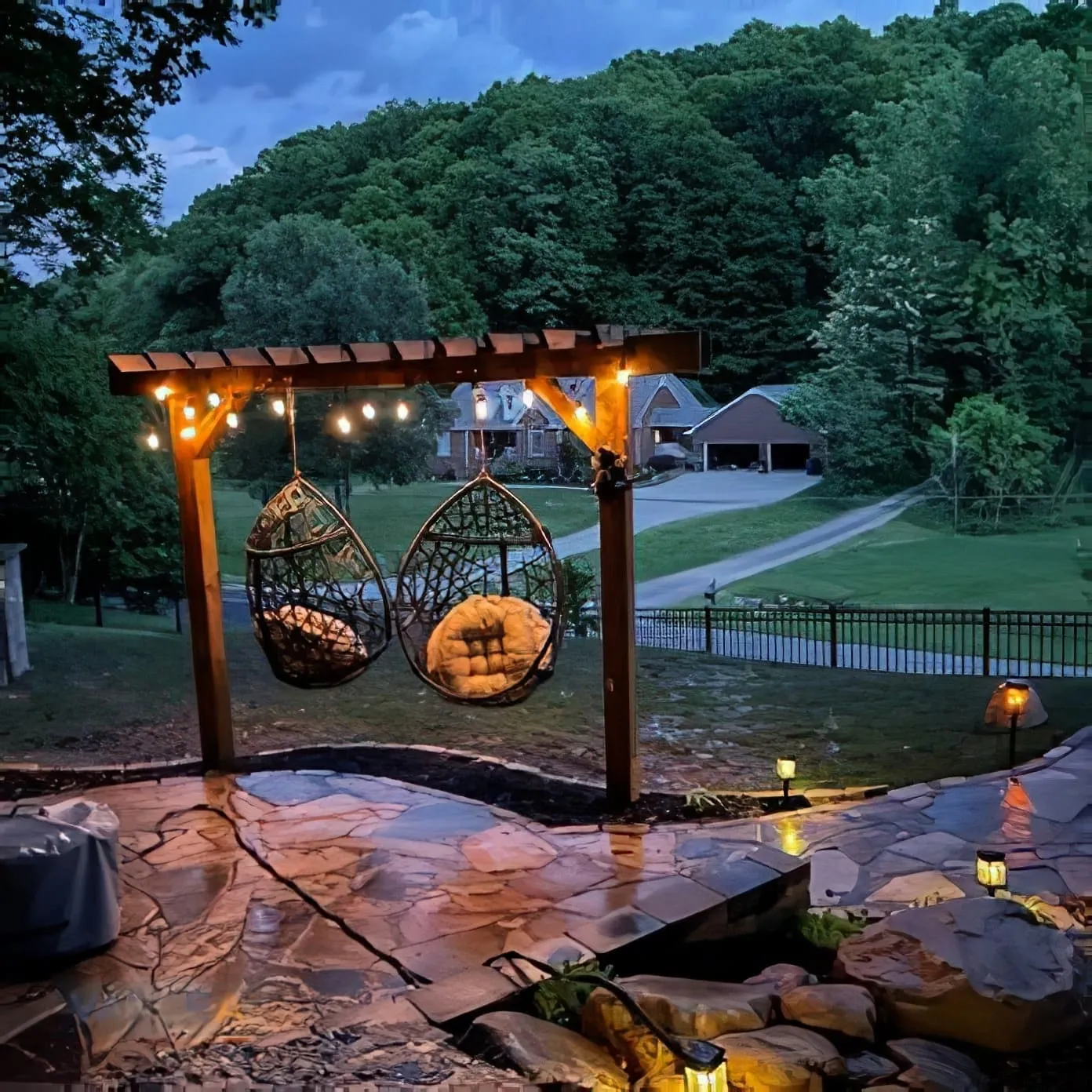 Elegant pathway lighting illuminating a stone walkway at night