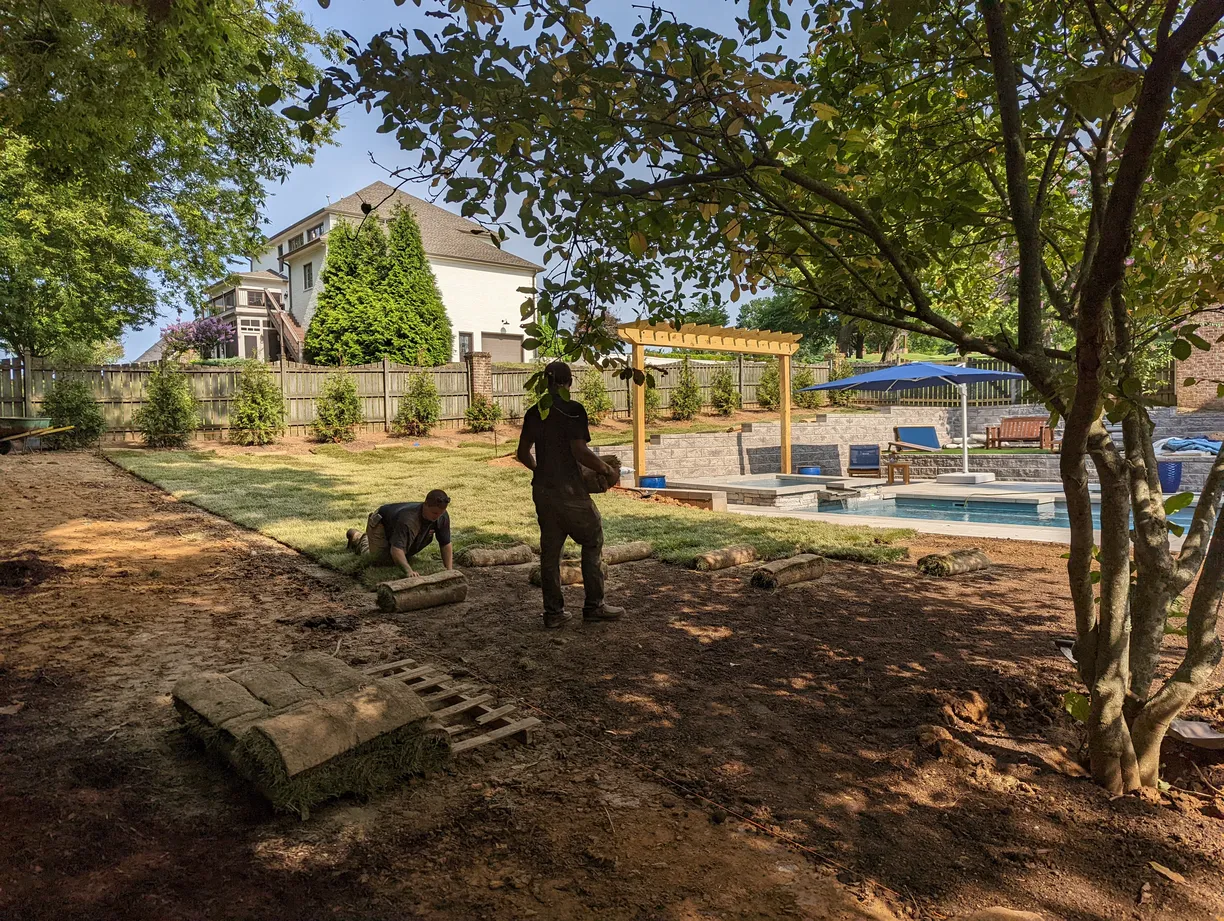 workers laying sod in a shaded area in a backyard with a pool