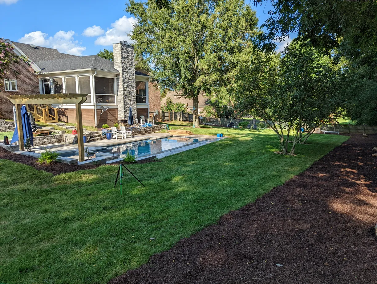a lush green backyard with multiple trees and a pool