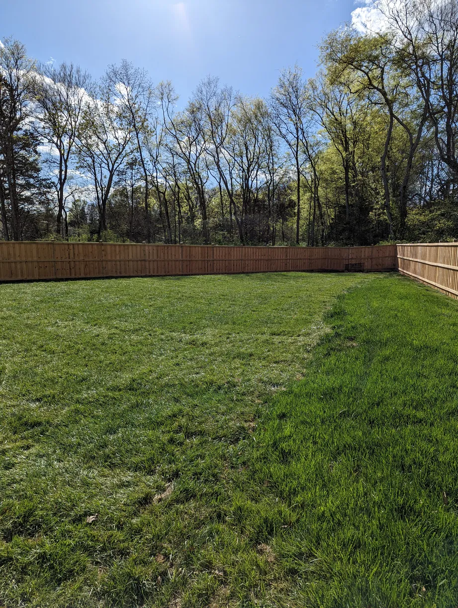 a fenced in backyard with two different types of grass